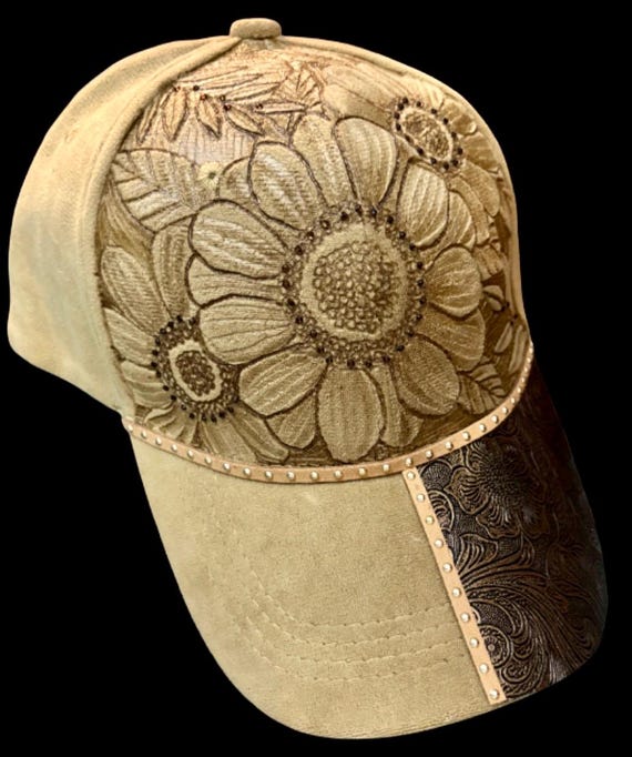 Hand-Burned Sunflower Ball Cap with Rhinestones & tooled leather brim. Add hand burned wording if desired, message for wording addition