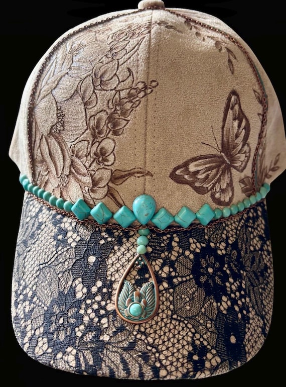 Hand-Burned Floral and butterfly Vegan Suede Ball Cap, Black Lace Brim, turquoise accents, Adjustable Slide Back