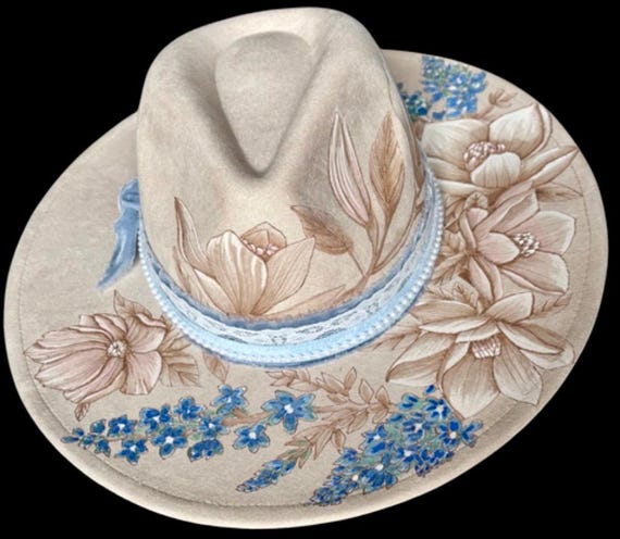 Hand-Burned Floral Wide Brim Hat, Bluebonnet Magnolia Vegan Suede (Light Beige)