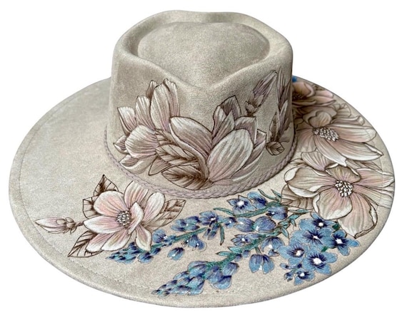 BEIGE Vegan Suede Heart Crown Hat, Hand-burned & painted Magnolias and Delphinium. Ready to ship. One size fits most, inner sizer.
