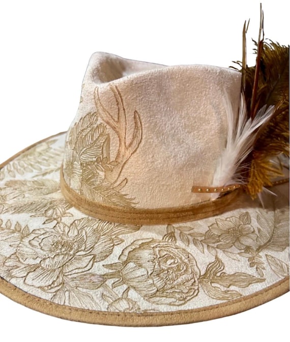Deer Antler Rustic Elegance Hand-Burned Vegan Suede Wide Brimmed Hat