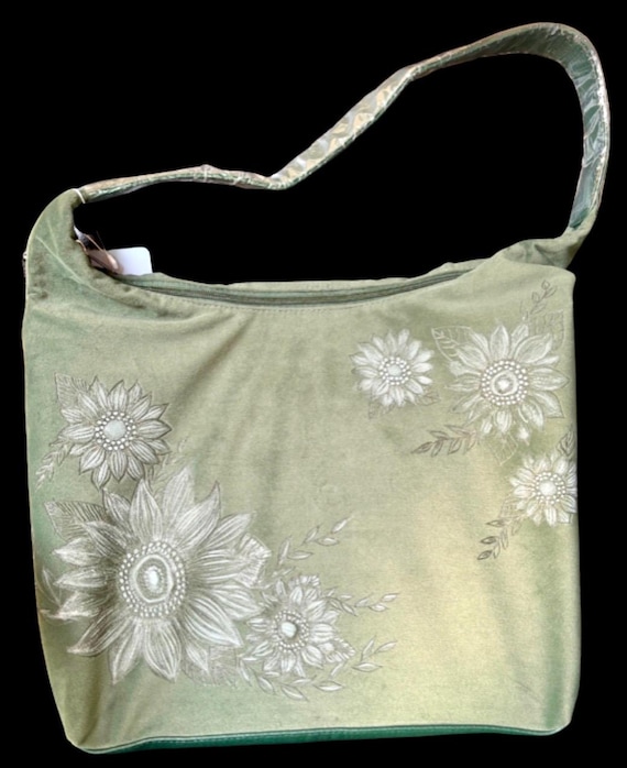 Green Faux Suede Shoulder Bag, Hand-Burned Sunflower Design, Wearable Art