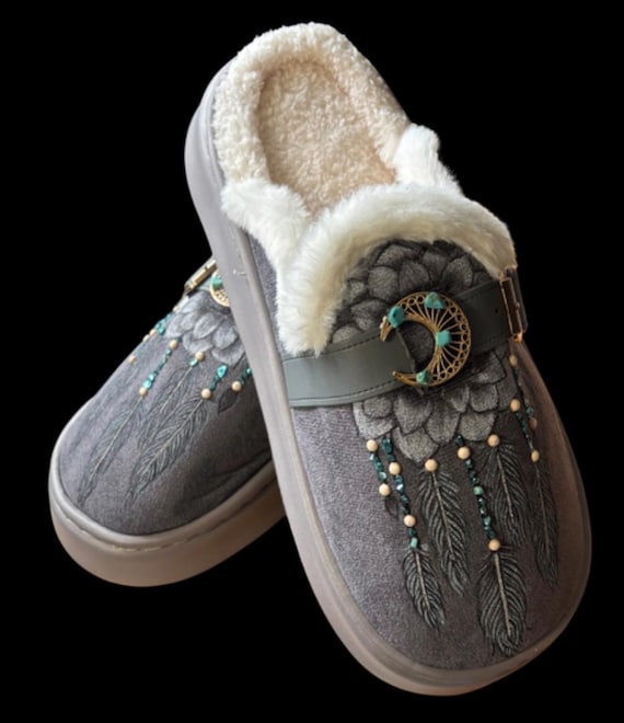 Dream catcher sunflowers,Hand-Burned  grey Slippers, with turquoise embellishments, Women's Size 9/10, rubber sole