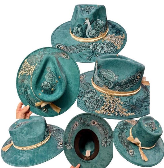 Teal Vegan Suede Fedora, Hand-Burned Peacock, Rhinestones, Medium