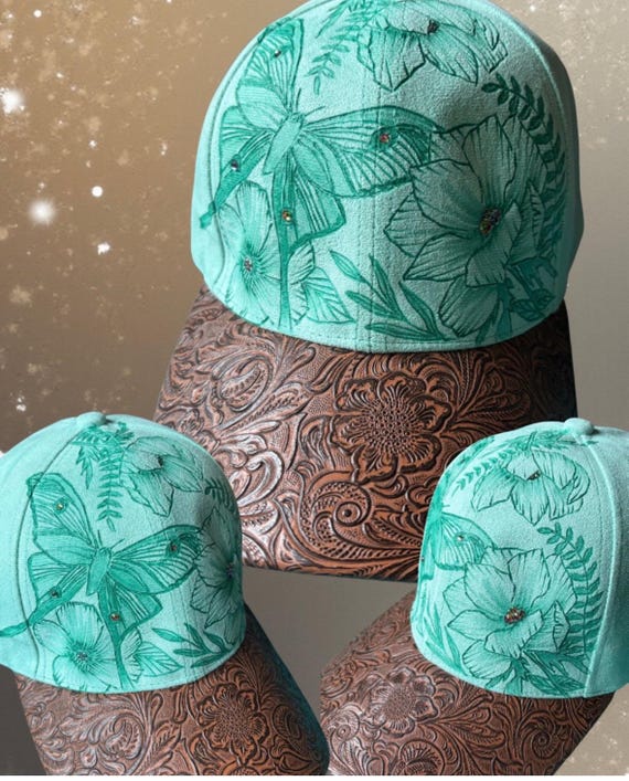 Luna moth Hand-Burned Cap with irredescent Rhinestones & tooled leather brim. Faux suede