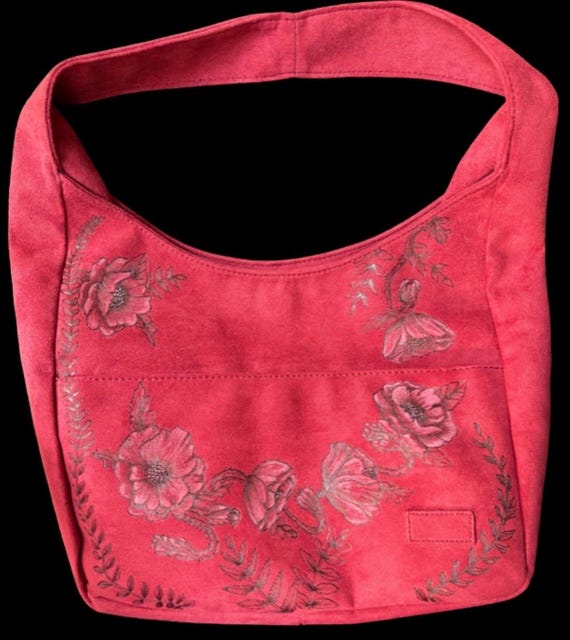 Poppy Wine Red Faux Suede Shoulder Bag, Hand-Burned Floral Art