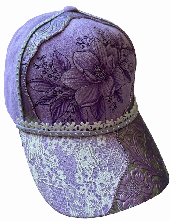 Hand-Burned purple magnolia, Vegan Suede Ball Cap, white Lace Brim, tooled leather, and rhinestones