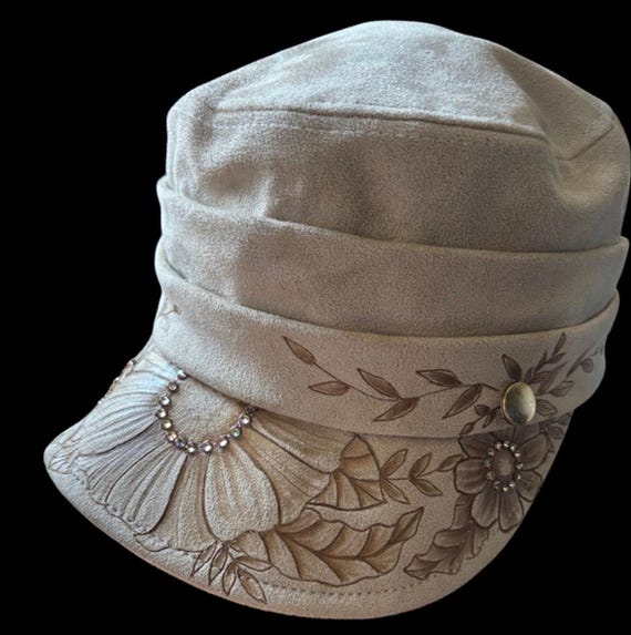 Hand-Burned flowers, with Swarovski crystals, tan newsboy style cap, Vegan Suede, one size fits most