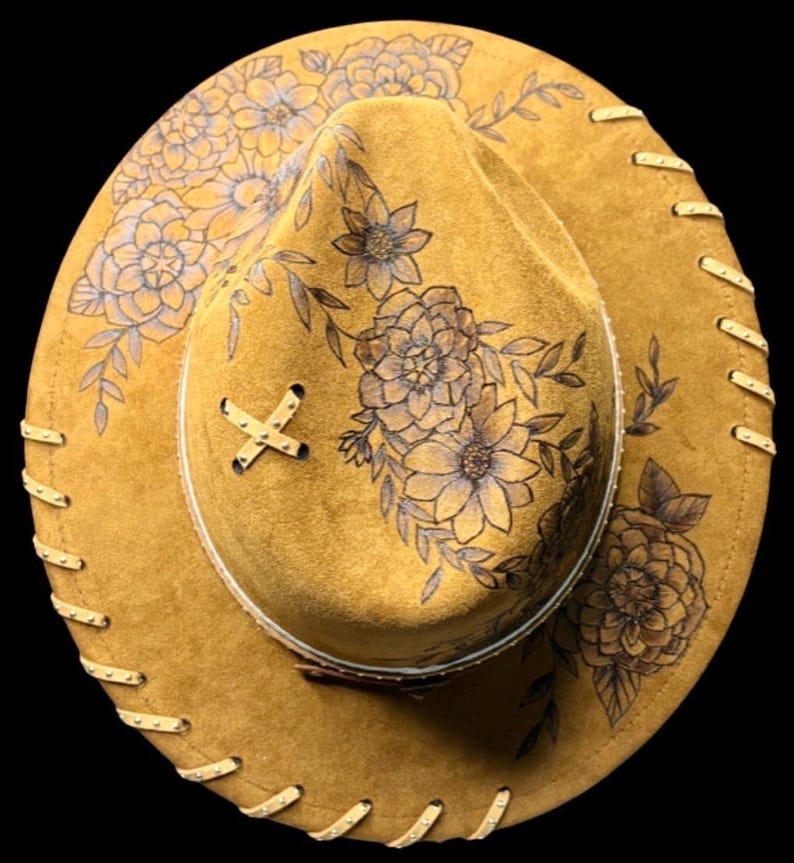 Finished custom example: floral short brim fedora with lacing