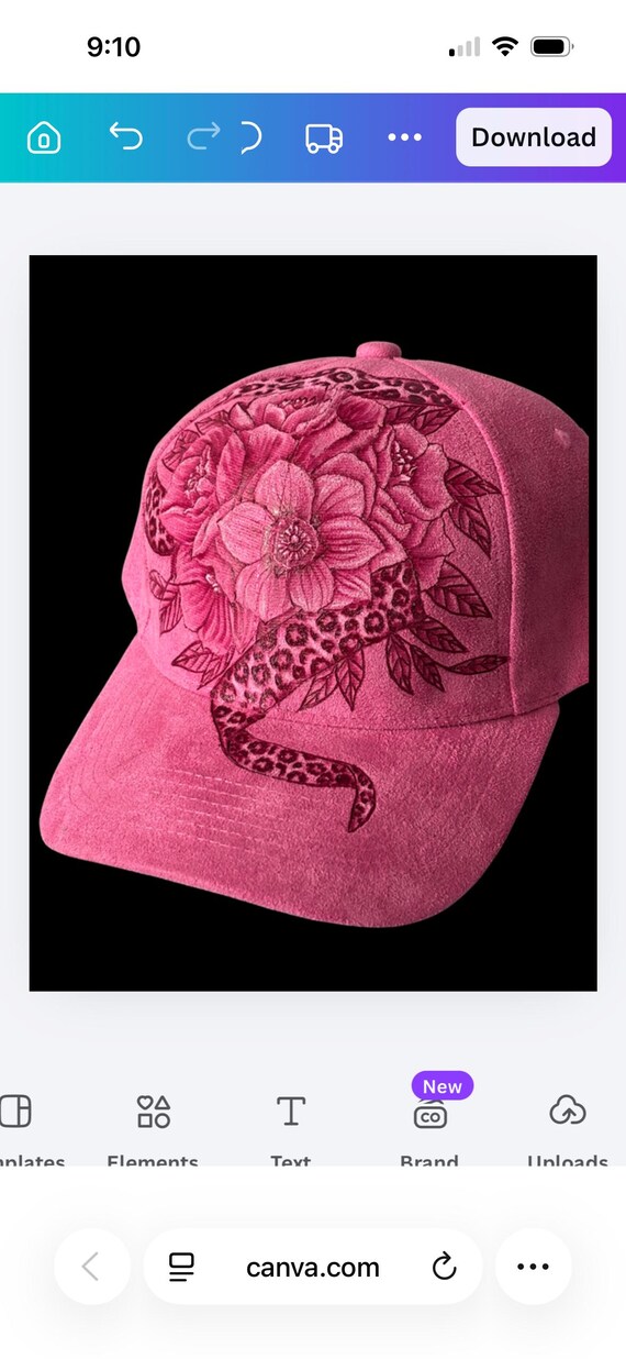 Cheetah print and flowers, hand-burned using a wood burning tool. Pink vegan (faux) suede ball cap