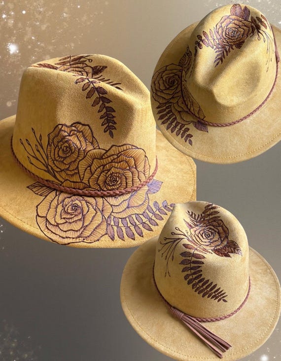 Hand-Burned Floral Faux Suede Short Brim Hat, Mustard Rose