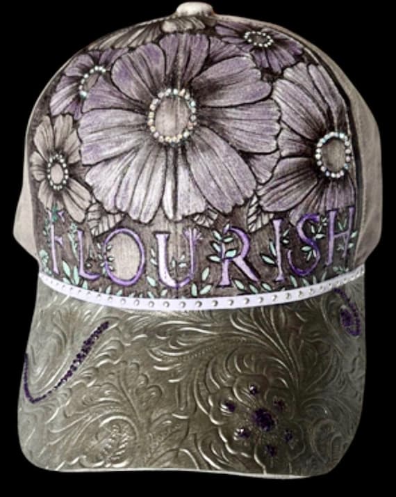Hand-Burned Floral Faux Suede Ponytail Cap with Rhinestones – Plum Accents, Faux Leather Brim