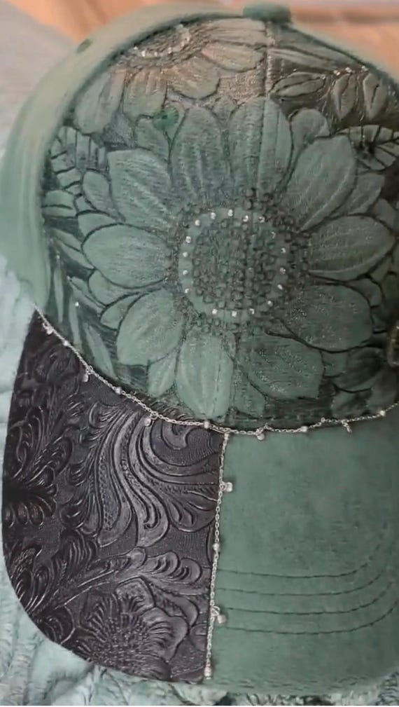Green Hand-Burned Cap hand-burned floral with gold Rhinestones & tooled leather brim. Add wording if desired, message for wording addition