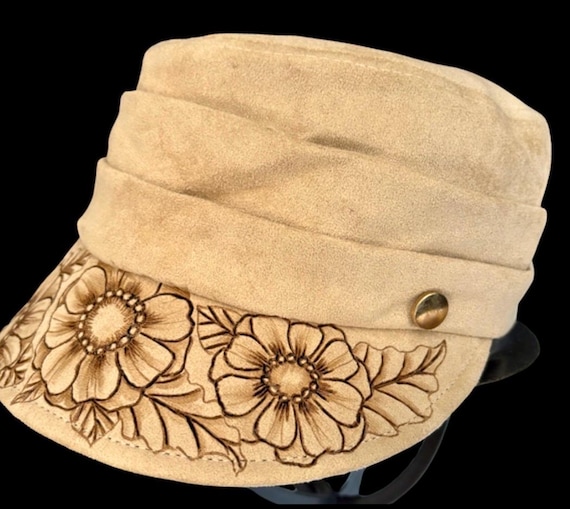 Beige newsboy cap! Free-hand Hand-Burned floral design. Such a cute alternative to regular ball caps.