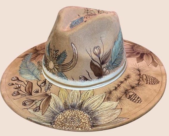 Highland Cow Horns, Rustic Elegance Hand-Burned Vegan Suede Wide Brimmed Hat