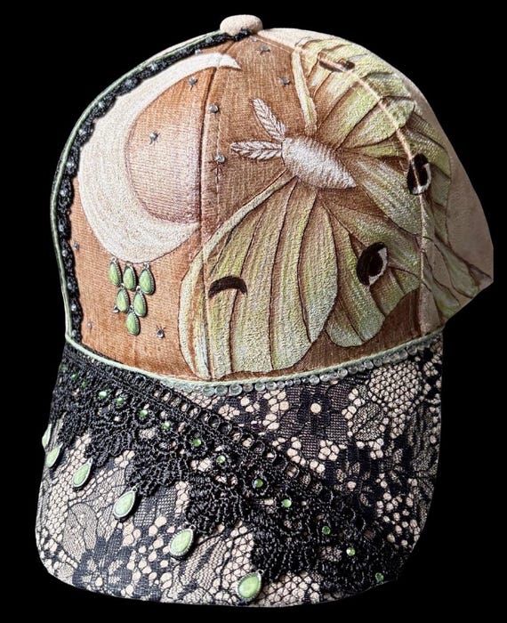 Hand-Burned luna moth and moon, Vegan Suede Ball Cap, Black Lace Brim, honeydew green stones and accents.