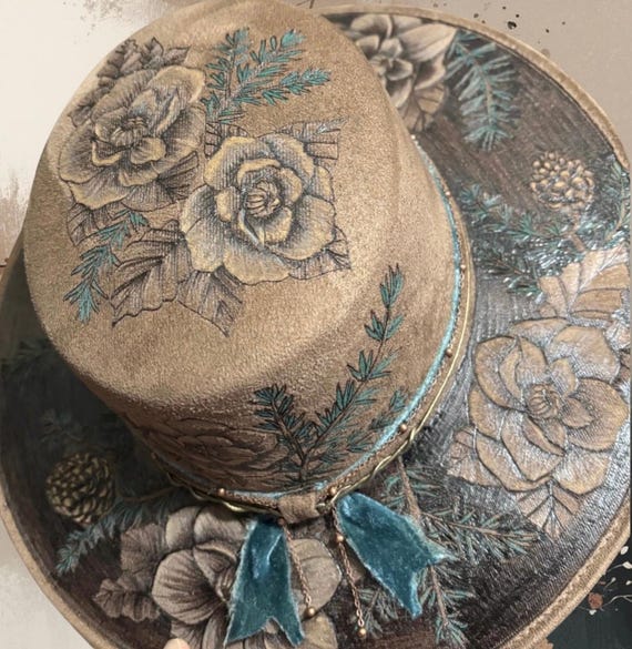 Floral pine, free-hand, one of a kind Hand-Burned Vegan Suede Hat hard body flat top, Medium Adult Size (56-58) comfort elastic band