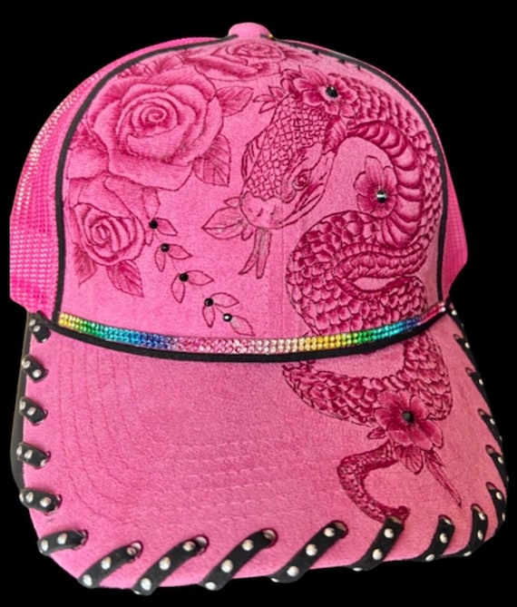 Hand-Burned Snake Ball Cap, Faux Suede, Leather Lacing, Detachable Rainbow Bling