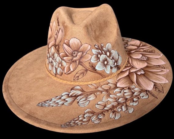 Tan Wide Brim Hat, Hand-Burned Blue Bonnet Magnolia Floral Design