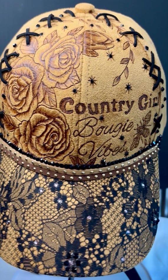 Hand-Burned Floral Vegan Suede Ball Cap, Black Lace Brim, Adjustable Slide Back