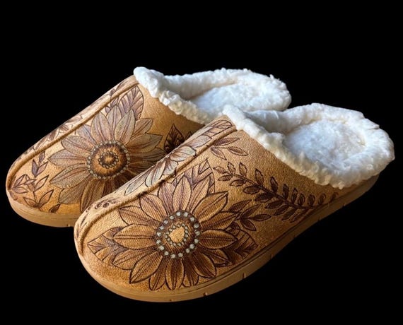 Cozy Hand-Burned Floral Slippers, with a touch of subtle dusty blue, Women's Size 9/10