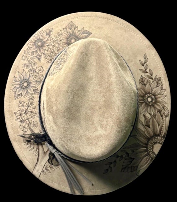 Hand-Burned Taupe Vegan Suede Fedora, Apple Blossoms Sunflowers, Black Lace Band