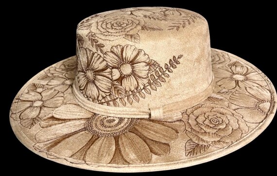 Floral Lover, Tan, Hand-Burned Vegan Suede Wide Brimmed Hat, round flat top. Absolutely stunning!