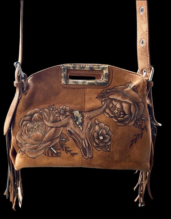 Faux Suede Crossbody Purse, Hand-Burned Bull Skull Peony Design