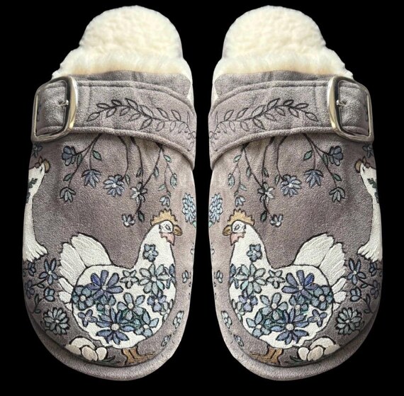 Chickens Hand-Burned with wood burner, and hand painted slippers. Women size L (9/10) This is wearable art!!