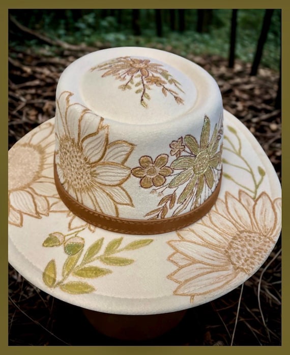 Hand Burned Floral Felt Fedora Hat, Wood Burning Design