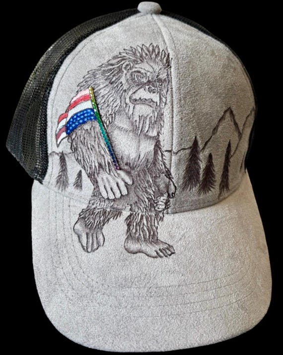 Hand-Burned Bigfoot Cap with Rainbow Flag Pole – Custom Wording Available