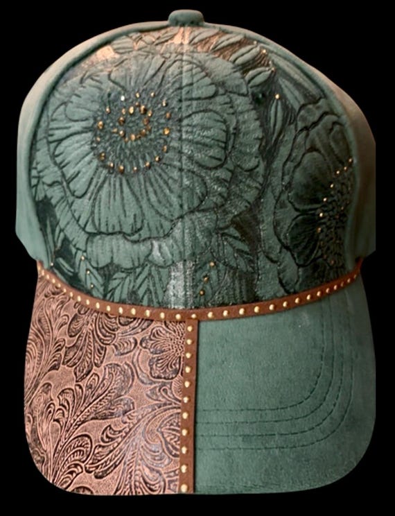 Green Hand-Burned Cap hand-burned floral with gold Rhinestones & tooled leather brim. Add wording if desired, message for wording addition