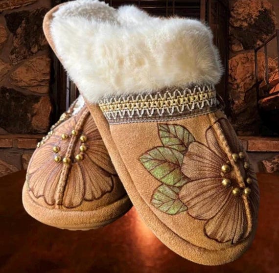 Cozy Hand-Burned, and accent painted with water resistant acrylics, Floral Slippers, with a touch of subtle gold, Women's Size 7/8