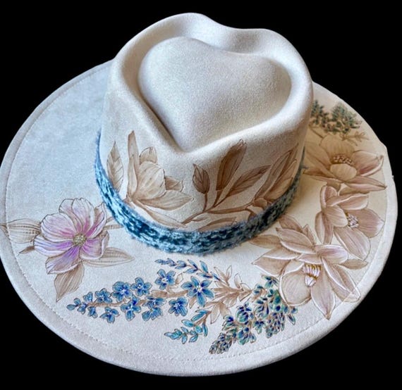 Custom Hand-Burned Painted Vegan Suede Heart Crown Hat, Floral Design