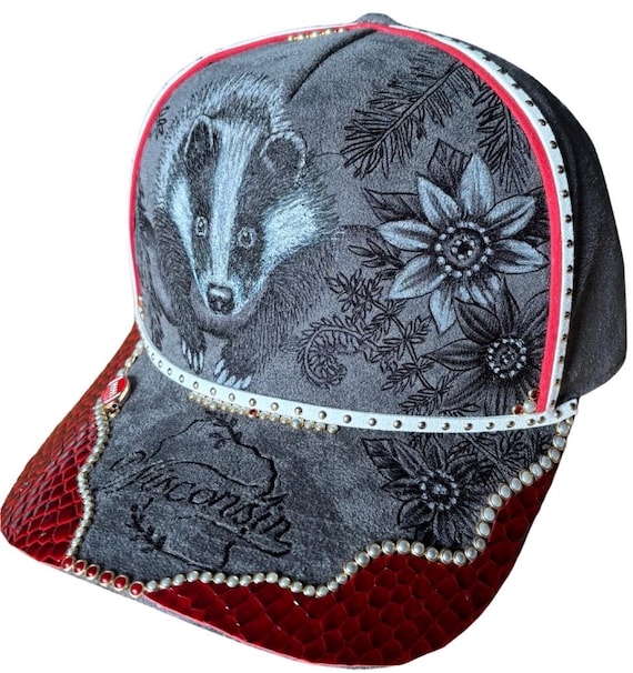 Bougie Badger cap! Red & white UW Madison football colors, hand-burned using a hand held wood burner. . Unique for Wisconsin badger fans!