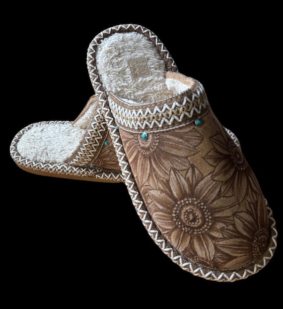 Sunflowers, Hand-Burned  Slippers, with embellishments, Women's Size 9/10, rubber sole