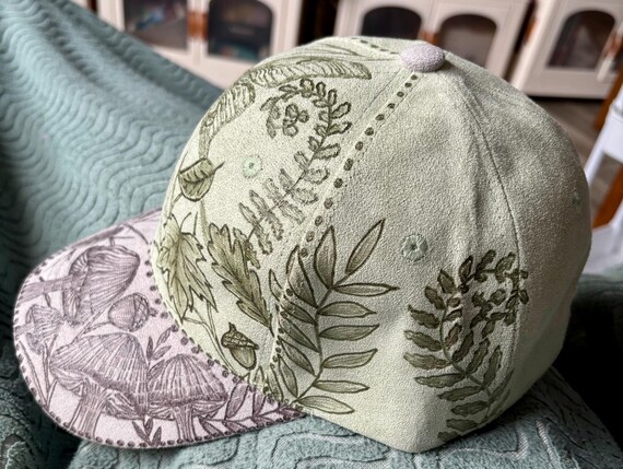 Hand-Burned dual color grey and mint vegan suede ball cap,mushroom forest