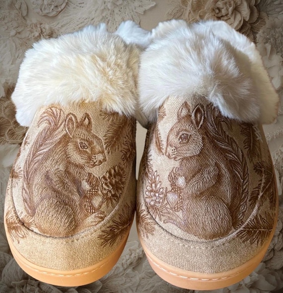 Forest squirrel Hand-Burned  Slippers, Women's Size 9/10