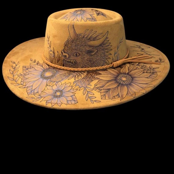 Hand-Burned Hodag Sunflowers Fedora Hat, Khaki Brown Suede Wearable Art