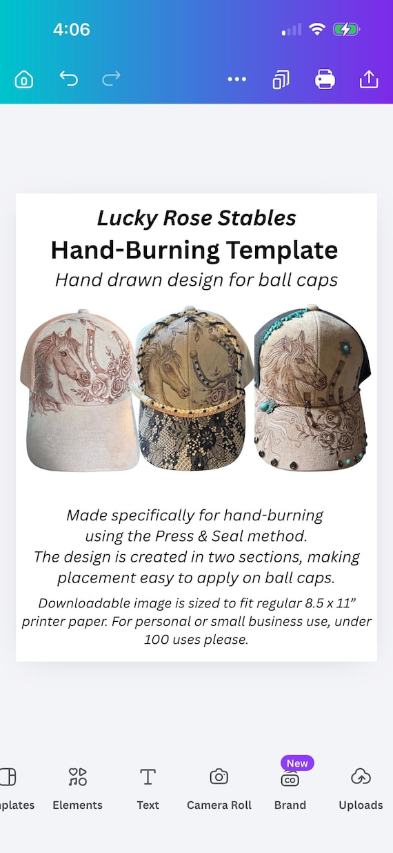 Hand-burning ball cap template “Lucky Rose Stables” download Design and video tutorial