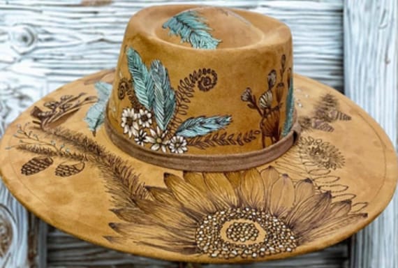 Floral Fern and Feather, Rustic Elegance Hand-Burned Vegan Suede Wide Brimmed round dome Hat