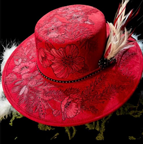 Beautiful Bold Red Hand-Burned Vegan Suede Wide Brimmed Hat, round dome