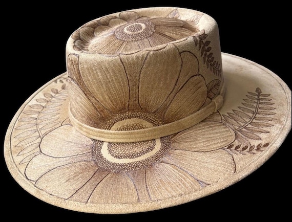 Floral Tan Hand-Burned Vegan Suede Wide Brimmed Hat, round dome