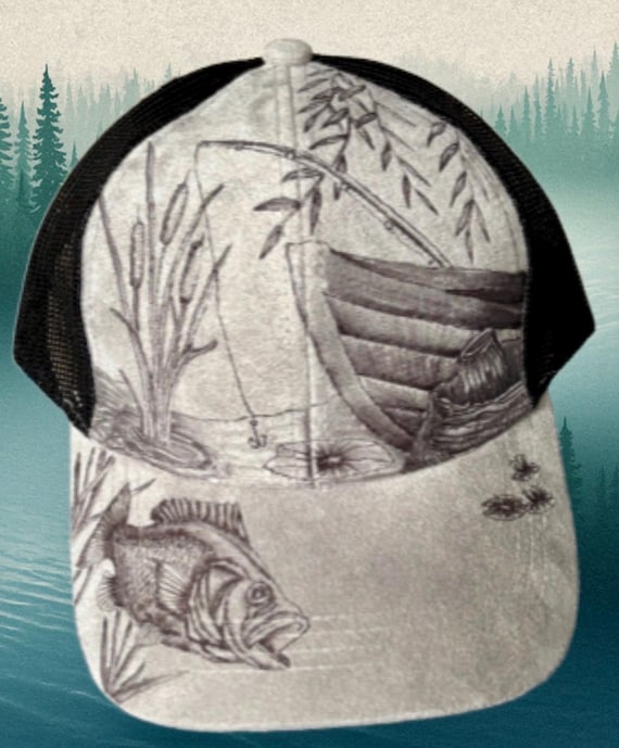 Hand-Burned Bass Fishing Lake Scene Faux Suede Cap
