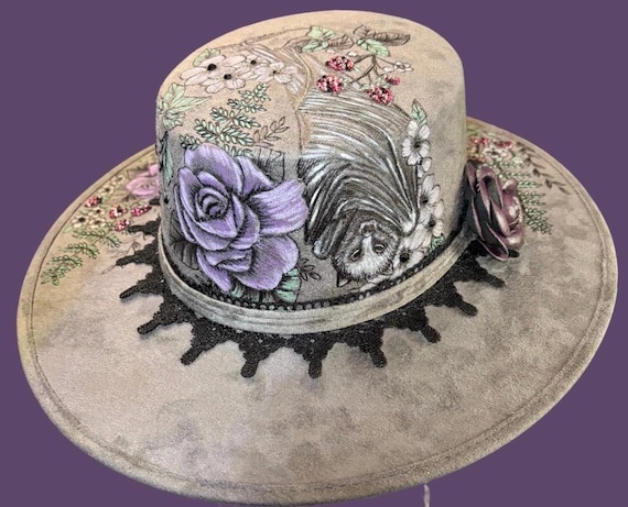 The BlackBerry Fruit Bat! Whimsical, and a little gothic, Hand-Burned and hand painted, flat top hard body Wide Brimmed Hat. Rhinestones.