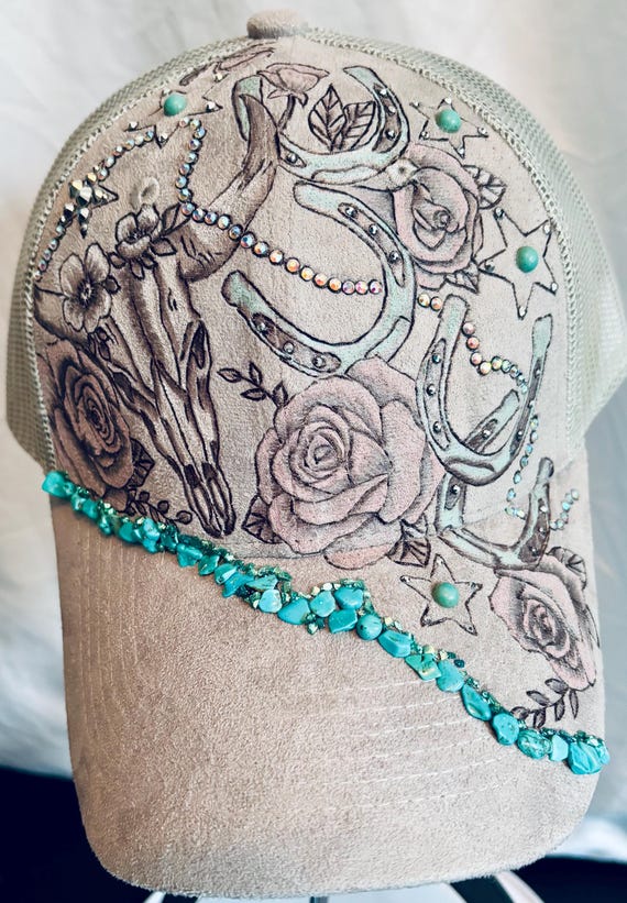Hand-Burned Vegan Suede Ponytail Cap with Rhinestones and Turquoise, Cowgirl Style