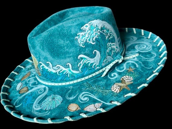Beach lover teal hard body wide brim hat, hand-burned and hand-painted.Seafoam lacing, detailed waves and sea shells. Size medium adult