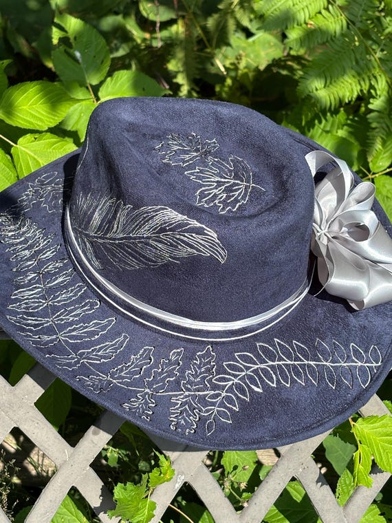 Hand Burned Vegan Suede Cowboy Hat, Forest Leaves & Feathers
