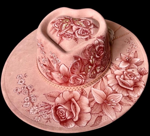 Custom Heart Crown Hat, Hand-Burned Floral Butterfly Design, Personalized Brim Wording