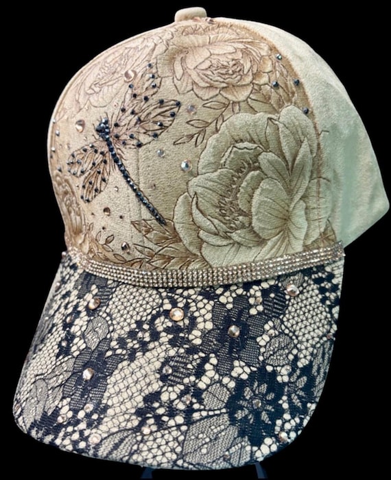 Hand-Burned Vegan Suede Ball Cap, Dragonfly Peonies, Lace Brim, Rhinestones